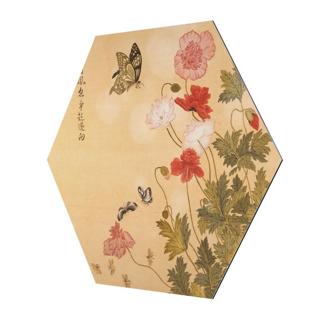 Hexagon-Alu-Dibond Bild - Yuanyu Ma - Mohnblumen und Schmetterlinge