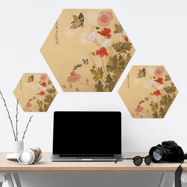 Hexagon-Forexbild - Yuanyu Ma - Mohnblumen und Schmetterlinge