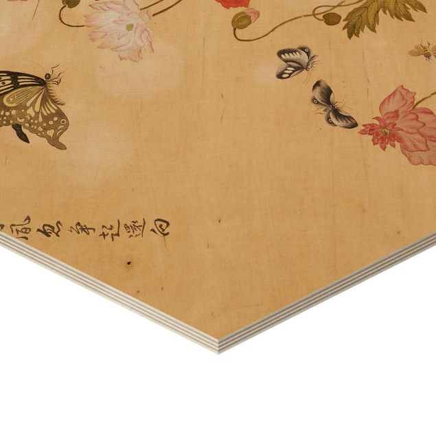 Hexagon-Holzbild - Yuanyu Ma - Mohnblumen und Schmetterlinge