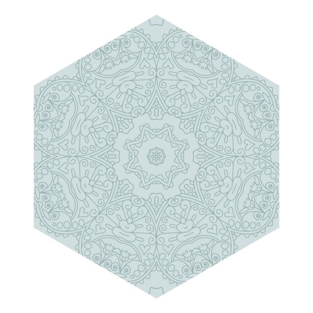 Tapete Hexagon Zackige Mandalablume mit Stern in Türkis