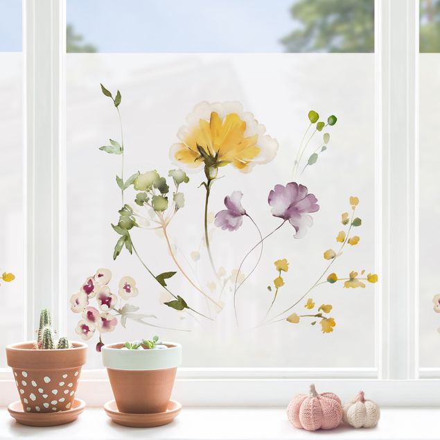 Fensterbilder selbstklebend Blumen Zarte Aquarellblüten Violett-gelb