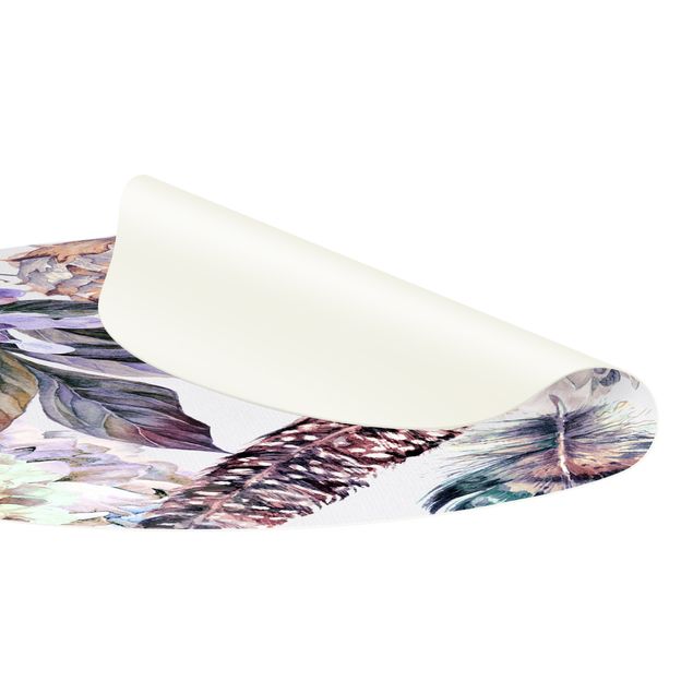 Teppich pastell Zartes Aquarell Boho Blüten und Federn Muster