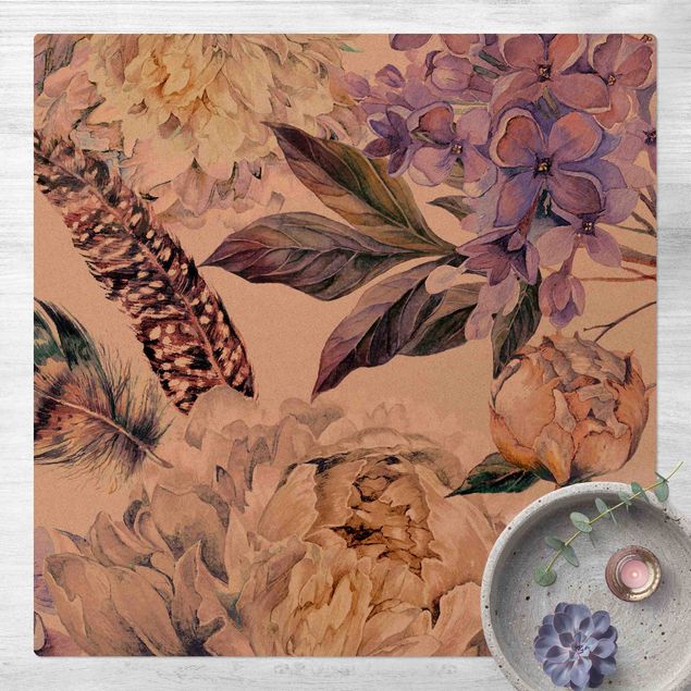 Teppiche Zartes Aquarell Boho Blüten und Federn Muster