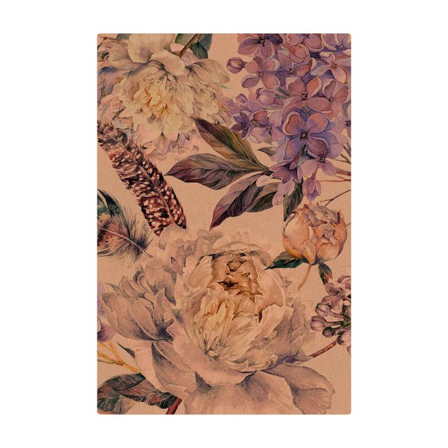 Teppich Esszimmer Zartes Aquarell Boho Blüten und Federn Muster