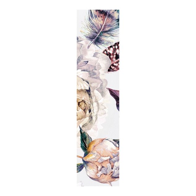 Schiebegardinen mit Motiv 3-teilig Zartes Aquarell Boho Blüten und Federn Muster