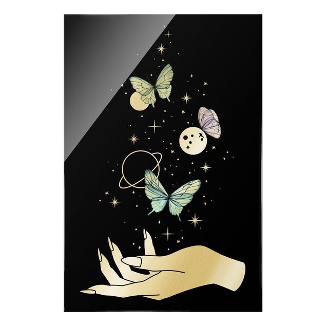 Glasbilder Zaubernde Hand - Schmetterlinge und Planeten