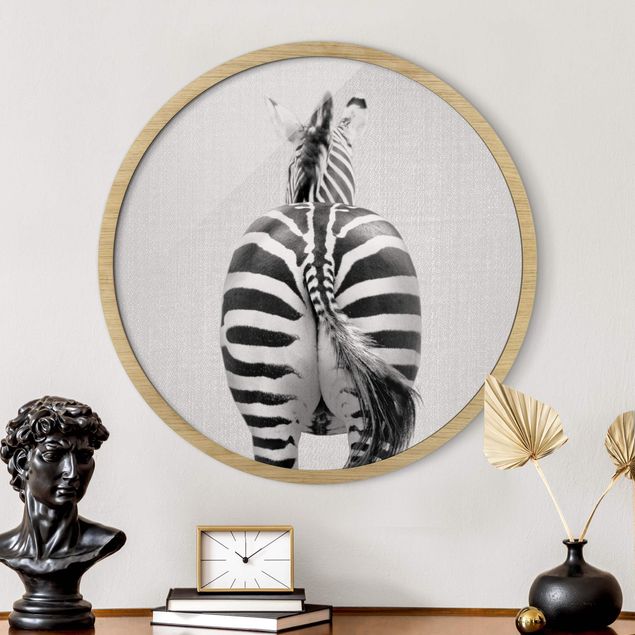 Wandbild rund Zebra von hinten Schwarz Weiß