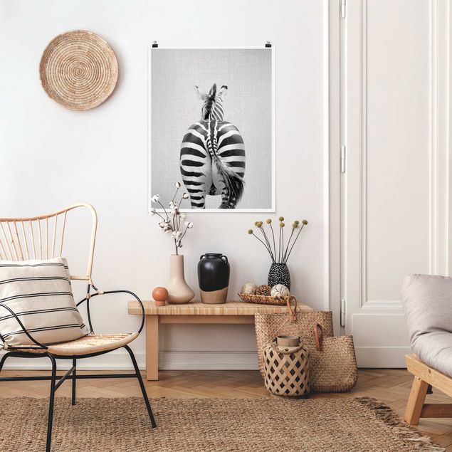 Poster Schwarz-Weiß Zebra von hinten Schwarz Weiß