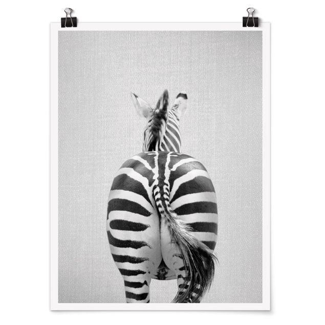 Poster Tiere Zebra von hinten Schwarz Weiß