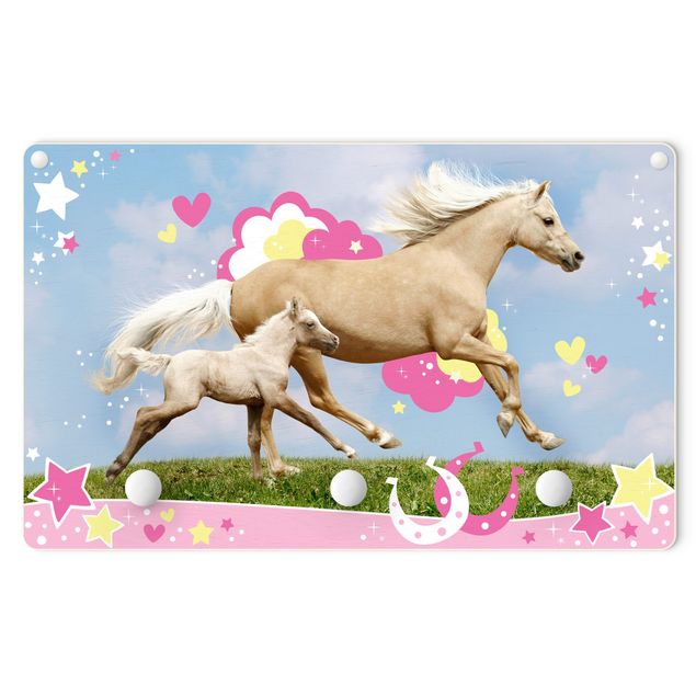 Kindergarderobe Holz - Zwei galoppierende Pferde mit Sternen