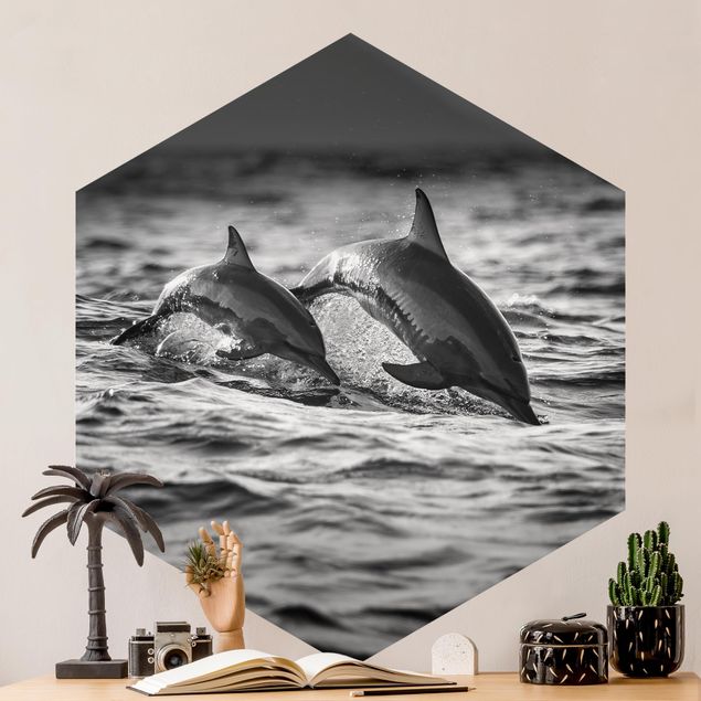 Fototapete Schwarz-Weiß Zwei springende Delfine